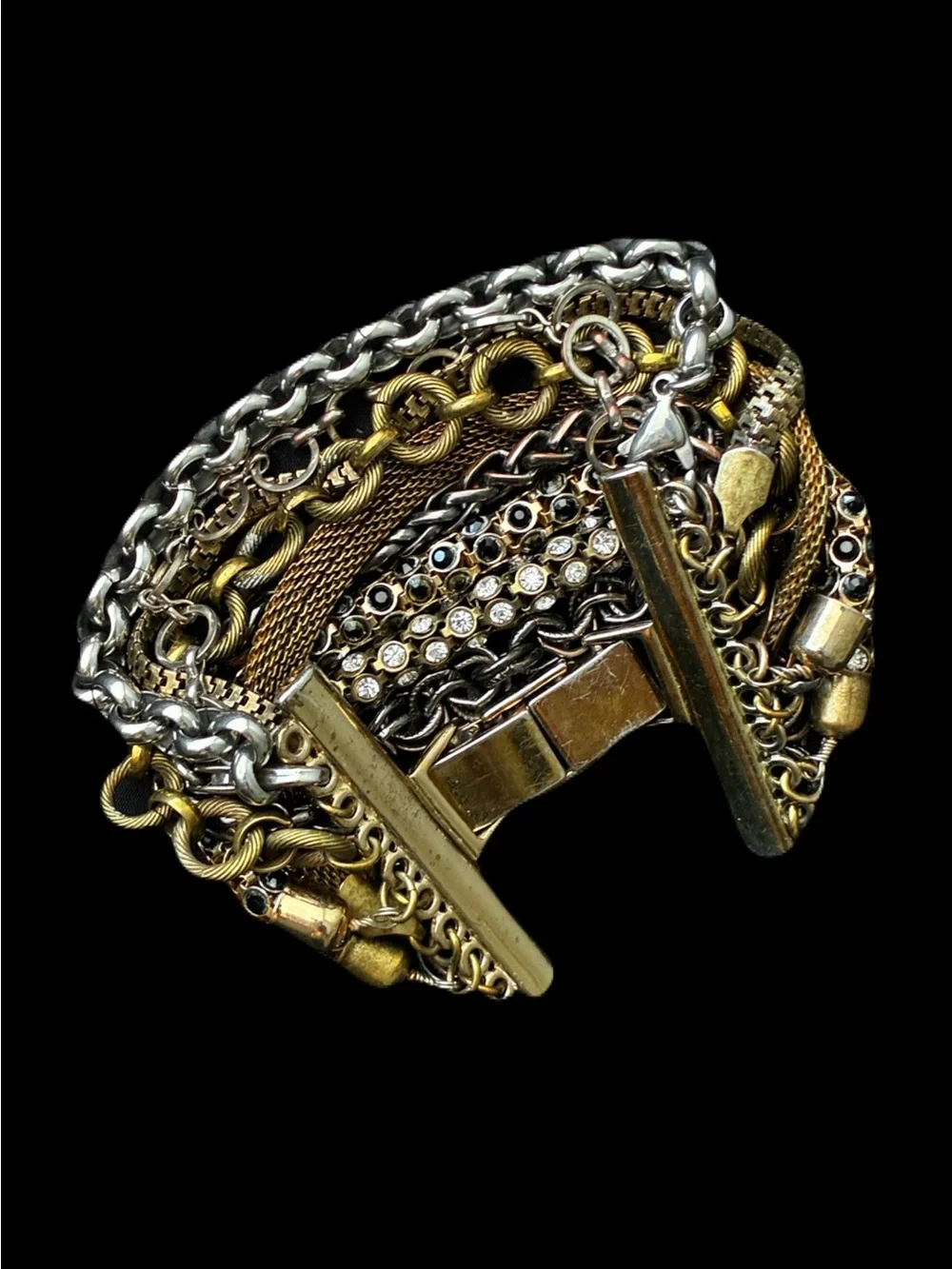 Mixed-Metal Multi-Strand Industrial Glam Cuff Bracelet